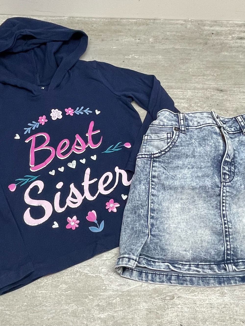 Carter's Best Sister Hoodie and Denim Skirt Set Girls 5T Blue Good Acid Wash